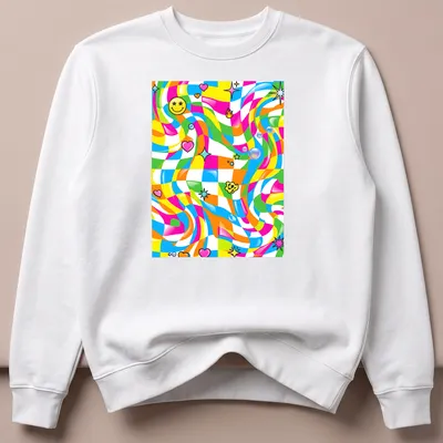 Vintage abstract floral pattern with smiley faces in bright colors — printed on a unisex sweatshirt