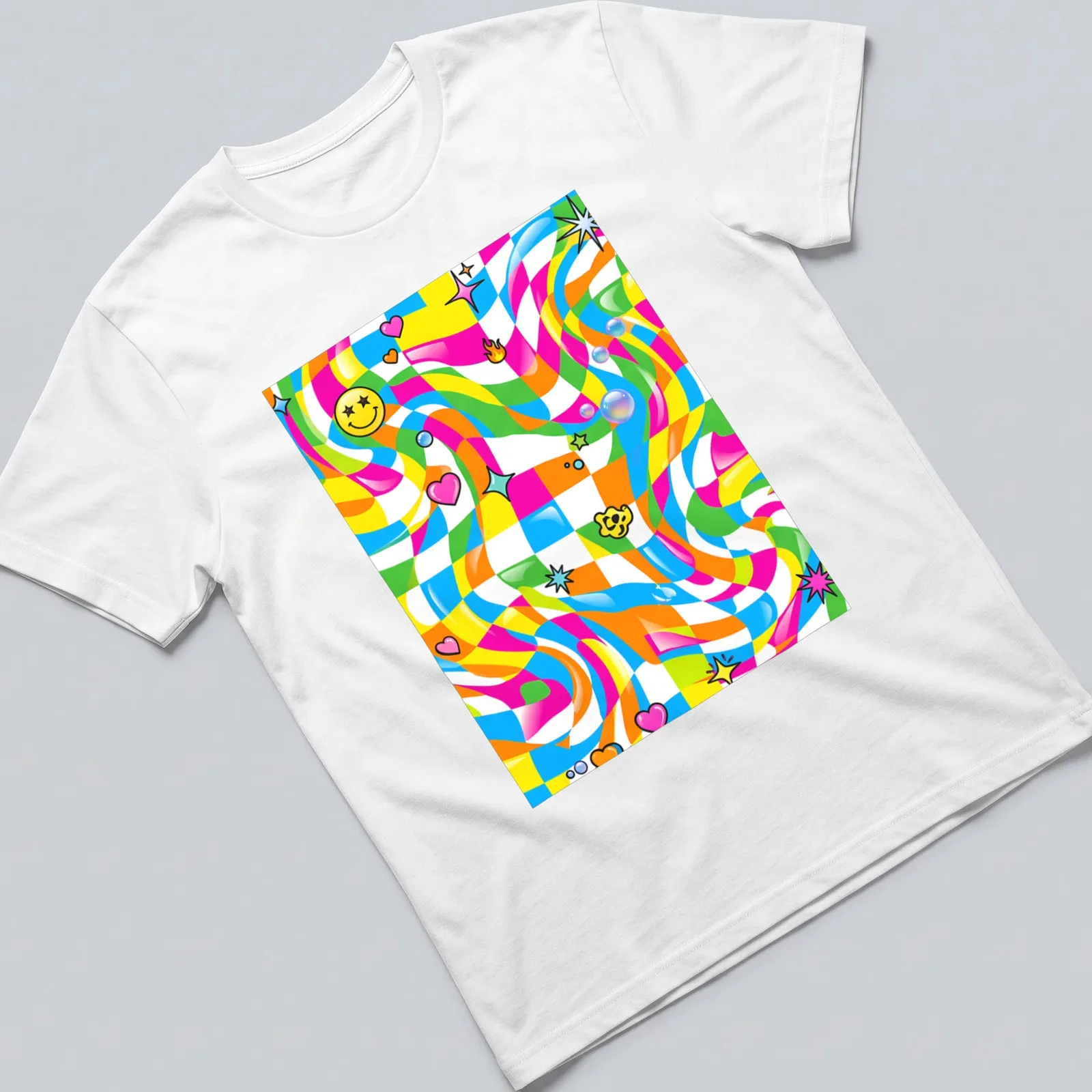 Vintage abstract floral pattern with smiley faces in bright colors — printed on a unisex t-shirt