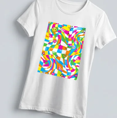 Vintage abstract floral pattern with smiley faces in bright colors — printed on a women's shirt