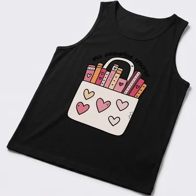 Kawaii illustration of colorful books in a bag with text 'Mis pequeños tesoros' — printed on a tank top