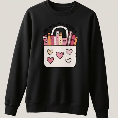 Kawaii illustration of colorful books in a bag with text 'Mis pequeños tesoros' — printed on a unisex sweatshirt