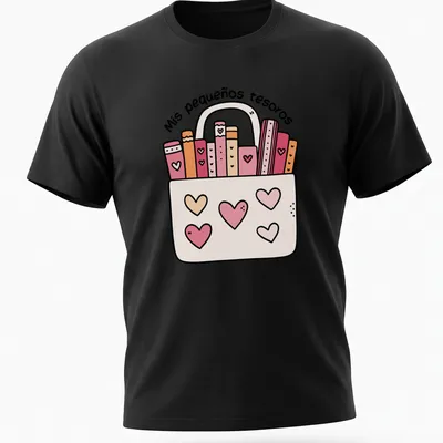 Kawaii illustration of colorful books in a bag with text 'Mis pequeños tesoros'