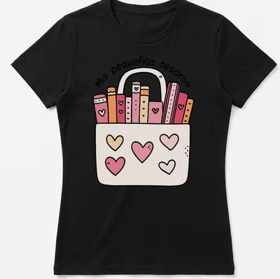 Kawaii illustration of colorful books in a bag with text 'Mis pequeños tesoros' — printed on a women's shirt