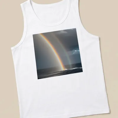 Realistic print of a colorful rainbow over an ocean waterspout — printed on a tank top