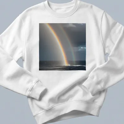 Realistic print of a colorful rainbow over an ocean waterspout — printed on a unisex sweatshirt