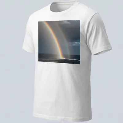 Realistic print of a colorful rainbow over an ocean waterspout