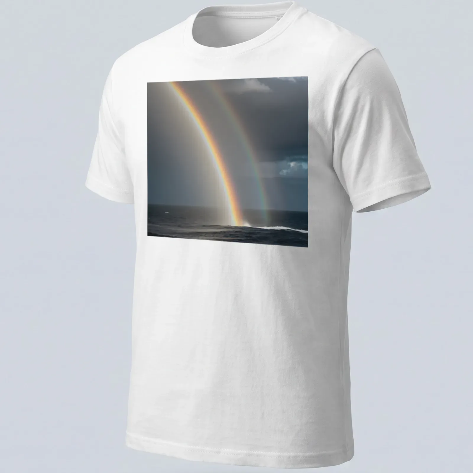 Realistic print of a colorful rainbow over an ocean waterspout — printed on a unisex t-shirt