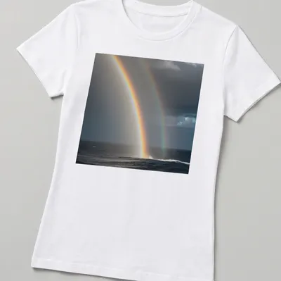 Realistic print of a colorful rainbow over an ocean waterspout — printed on a women's shirt