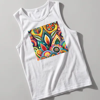 Colorful 1960s floral patterns in orange, green, blue, pink, yellow, and purple — printed on a tank top