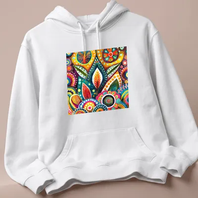 Colorful 1960s floral patterns in orange, green, blue, pink, yellow, and purple — printed on a unisex hoodie