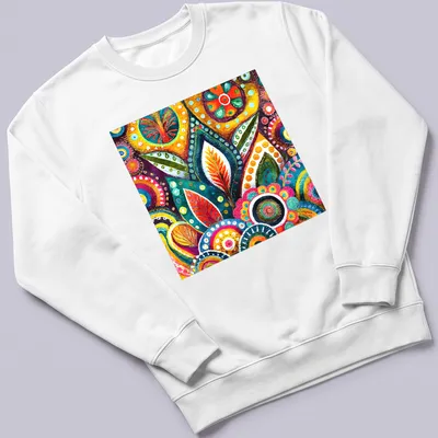 Colorful 1960s floral patterns in orange, green, blue, pink, yellow, and purple — printed on a unisex sweatshirt