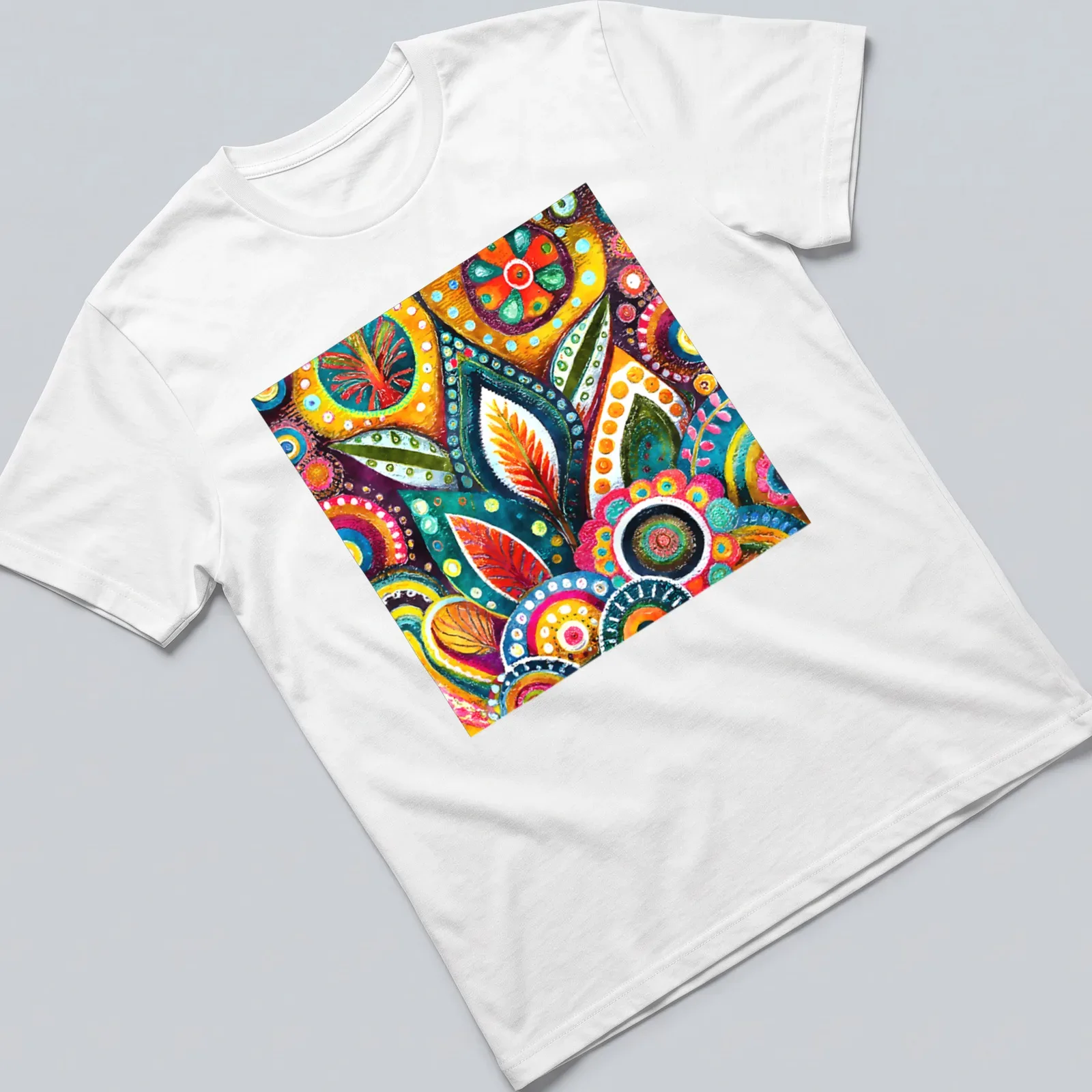 Colorful 1960s floral patterns in orange, green, blue, pink, yellow, and purple — printed on a unisex t-shirt