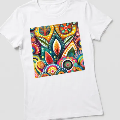 Colorful 1960s floral patterns in orange, green, blue, pink, yellow, and purple — printed on a women's shirt