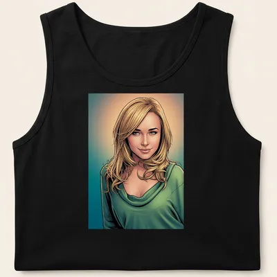 Comic book style illustration of an actress with long hair in vibrant colors — printed on a tank top