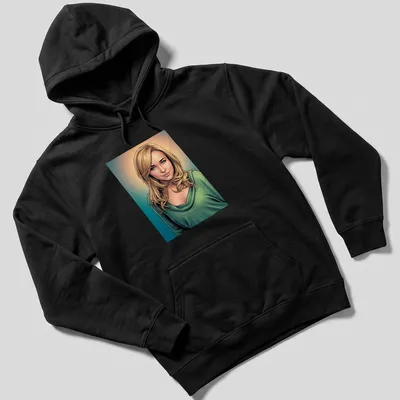 Comic book style illustration of an actress with long hair in vibrant colors — printed on a unisex hoodie