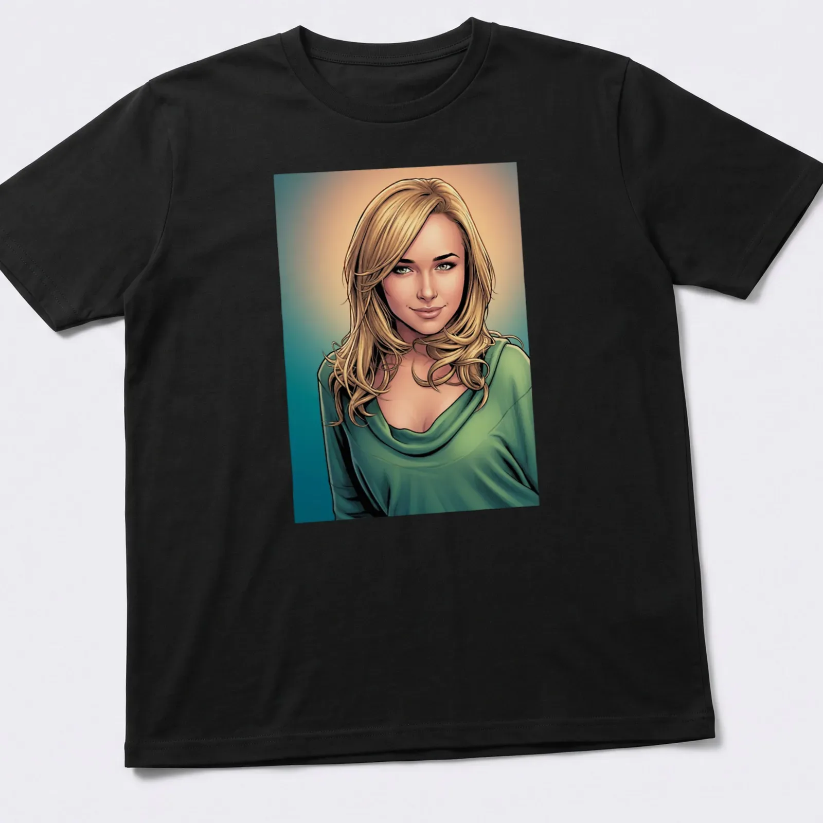 Comic book style illustration of an actress with long hair in vibrant colors — printed on a unisex t-shirt