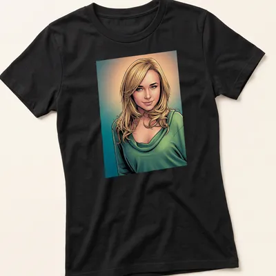 Comic book style illustration of an actress with long hair in vibrant colors — printed on a women's shirt