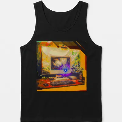 Vibrant digital art shirt featuring a computer setup and nature background. — printed on a tank top