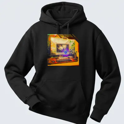 Vibrant digital art shirt featuring a computer setup and nature background. — printed on a unisex hoodie