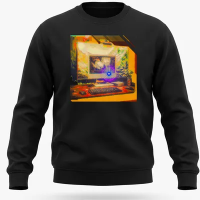 Vibrant digital art shirt featuring a computer setup and nature background. — printed on a unisex sweatshirt