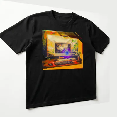 Vibrant digital art shirt featuring a computer setup and nature background. — printed on a unisex t-shirt (angled view)