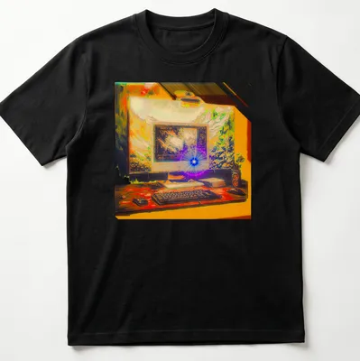 Vibrant digital art shirt featuring a computer setup and nature background.