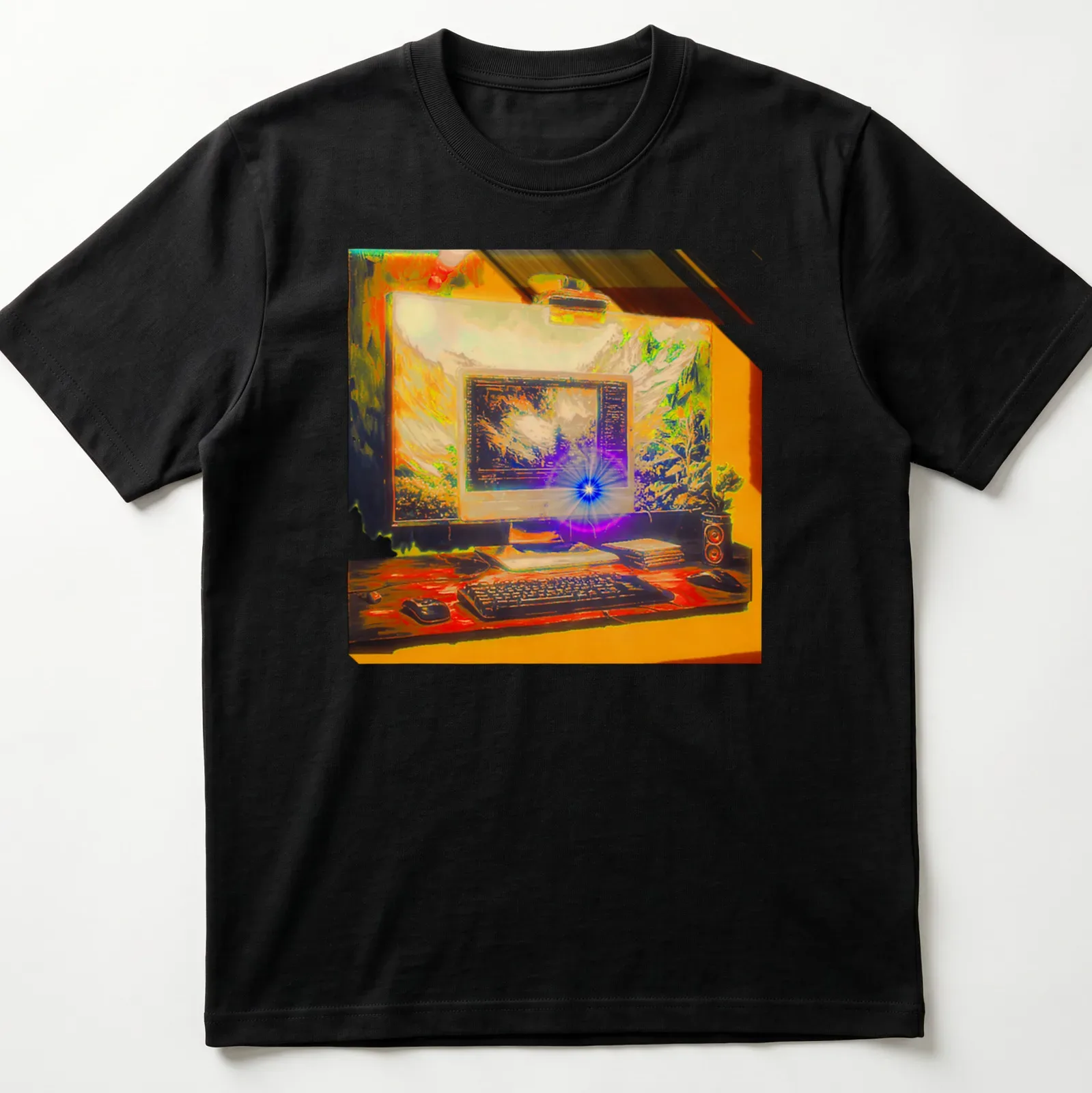 Vibrant digital art shirt featuring a computer setup and nature background. — printed on a unisex t-shirt