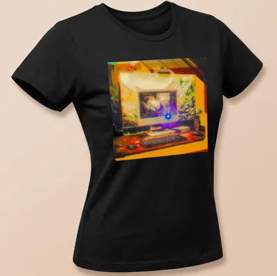 Vibrant digital art shirt featuring a computer setup and nature background. — printed on a women's shirt
