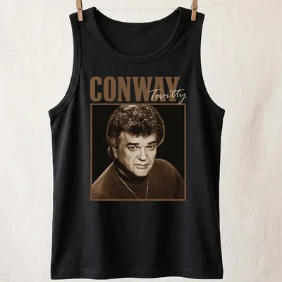 Vintage print featuring Conway Twitty's name in classic font — printed on a tank top