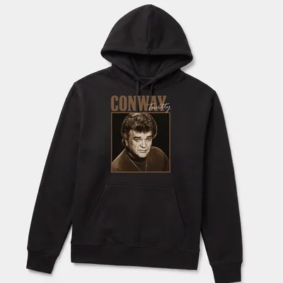 Vintage print featuring Conway Twitty's name in classic font — printed on a unisex hoodie