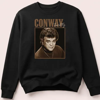 Vintage print featuring Conway Twitty's name in classic font — printed on a unisex sweatshirt