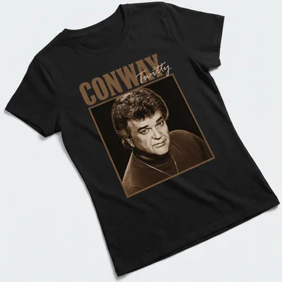 Vintage print featuring Conway Twitty's name in classic font — printed on a women's shirt
