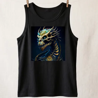 Surreal fantasy illustration of an alien dragon in blue, gold, black, and green — printed on a tank top