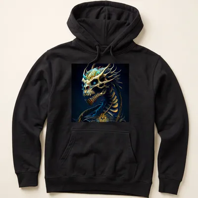 Surreal fantasy illustration of an alien dragon in blue, gold, black, and green — printed on a unisex hoodie