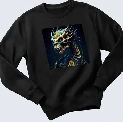 Surreal fantasy illustration of an alien dragon in blue, gold, black, and green — printed on a unisex sweatshirt