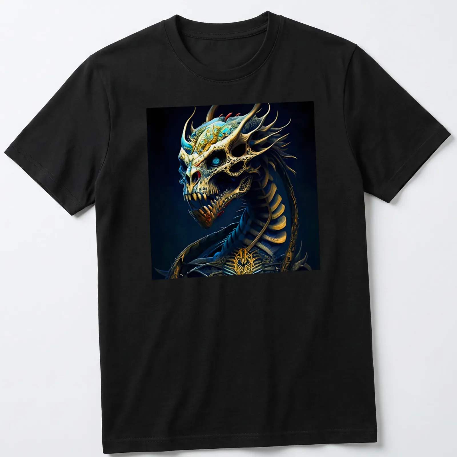 Surreal fantasy illustration of an alien dragon in blue, gold, black, and green — printed on a unisex t-shirt
