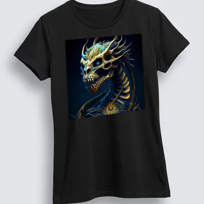 Surreal fantasy illustration of an alien dragon in blue, gold, black, and green — printed on a women's shirt