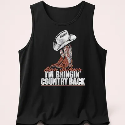 Vintage-style shirt with cowboy hat and boots, featuring text about bringing country back. — printed on a tank top