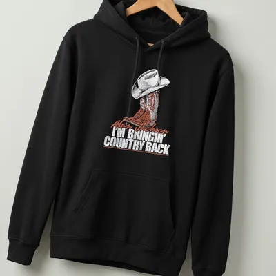 Vintage-style shirt with cowboy hat and boots, featuring text about bringing country back. — printed on a unisex hoodie