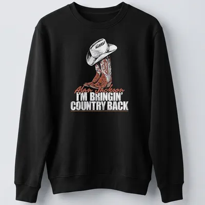 Vintage-style shirt with cowboy hat and boots, featuring text about bringing country back. — printed on a unisex sweatshirt