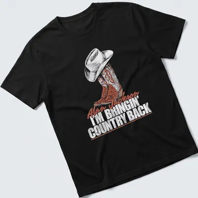 Vintage-style shirt with cowboy hat and boots, featuring text about bringing country back.