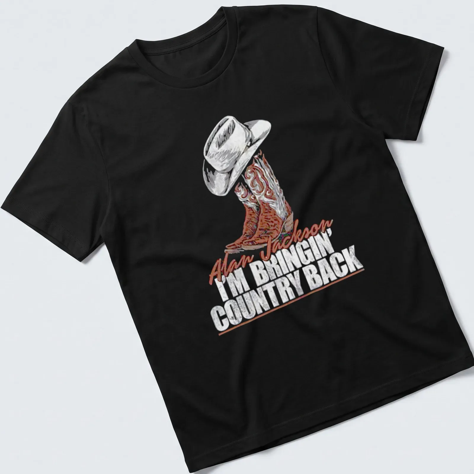 Vintage-style shirt with cowboy hat and boots, featuring text about bringing country back. — printed on a unisex t-shirt