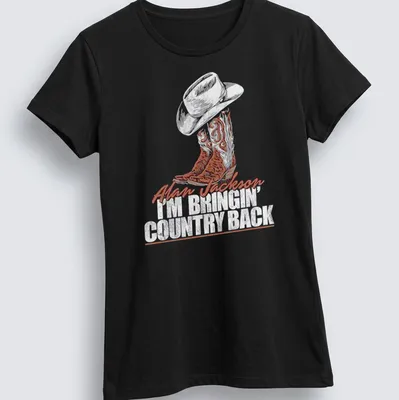 Vintage-style shirt with cowboy hat and boots, featuring text about bringing country back. — printed on a women's shirt