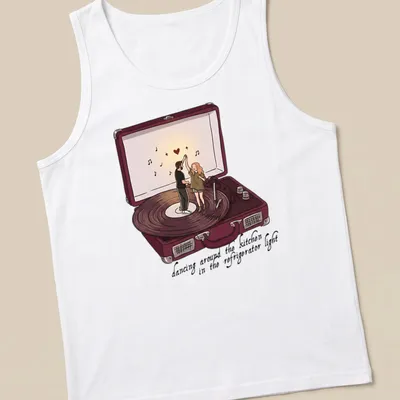 Couple dancing in a kitchen, surrounded by refrigerator light, cartoon style — printed on a tank top