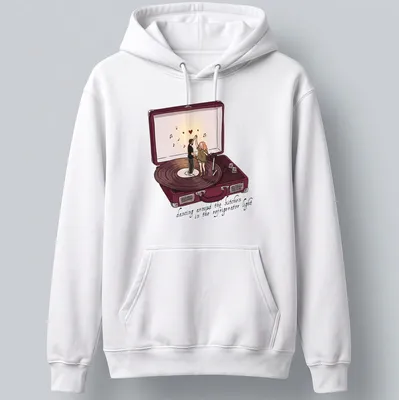 Couple dancing in a kitchen, surrounded by refrigerator light, cartoon style — printed on a unisex hoodie