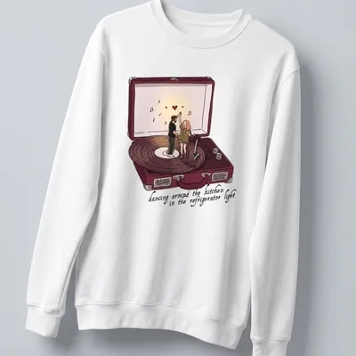 Couple dancing in a kitchen, surrounded by refrigerator light, cartoon style — printed on a unisex sweatshirt
