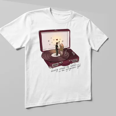 Couple dancing in a kitchen, surrounded by refrigerator light, cartoon style — printed on a unisex t-shirt (angled view)