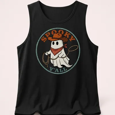 Cartoon cowboy ghost with lasso and spooky text in vibrant colors — printed on a tank top