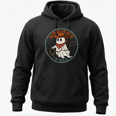 Cartoon cowboy ghost with lasso and spooky text in vibrant colors — printed on a unisex hoodie