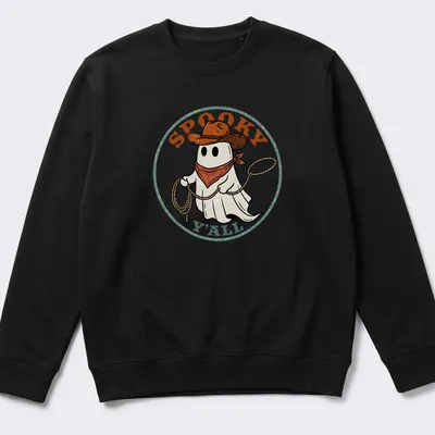 Cartoon cowboy ghost with lasso and spooky text in vibrant colors — printed on a unisex sweatshirt